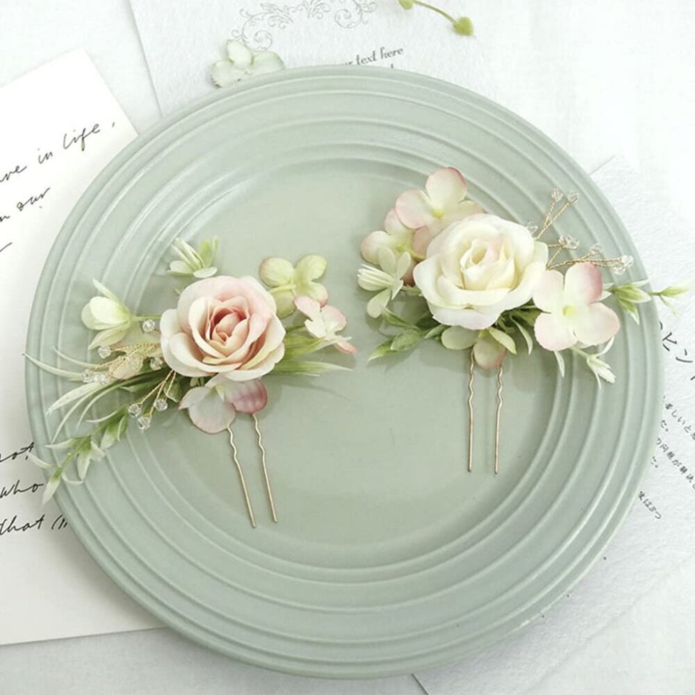 Women Hair Comb Artificial Flowers Leaves Metal Bridal Wedding Pink Pair